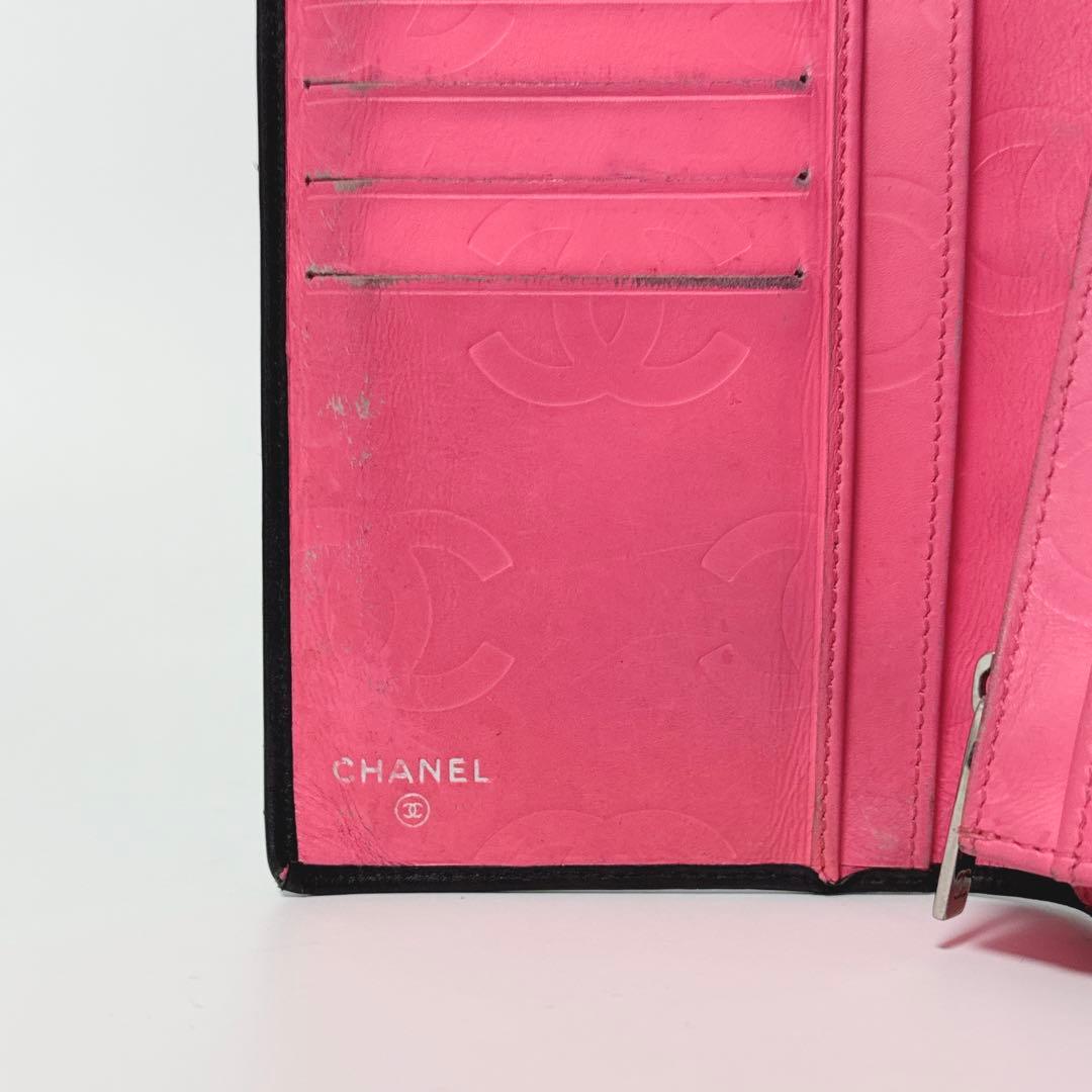 【人気商品】シャネル カンボンライン ココマーク 黒×ピンク 2つ折 長財布