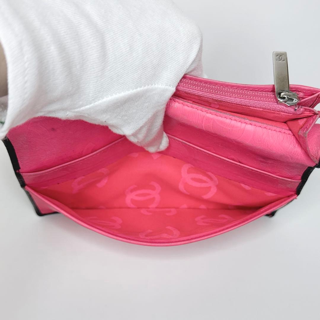 【人気商品】シャネル カンボンライン ココマーク 黒×ピンク 2つ折 長財布