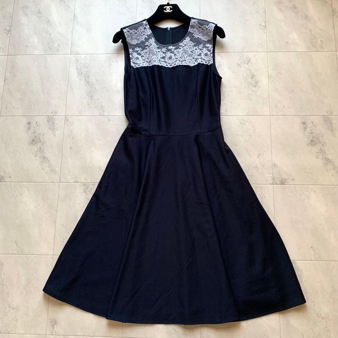 近年♡美品♡ルネ レース 切替 ノースリーブ ワンピース 膝丈 ネイビー 34