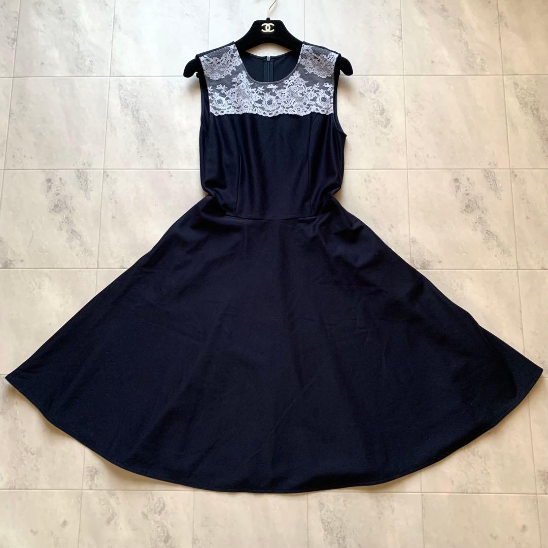 近年♡美品♡ルネ レース 切替 ノースリーブ ワンピース 膝丈 ネイビー 34