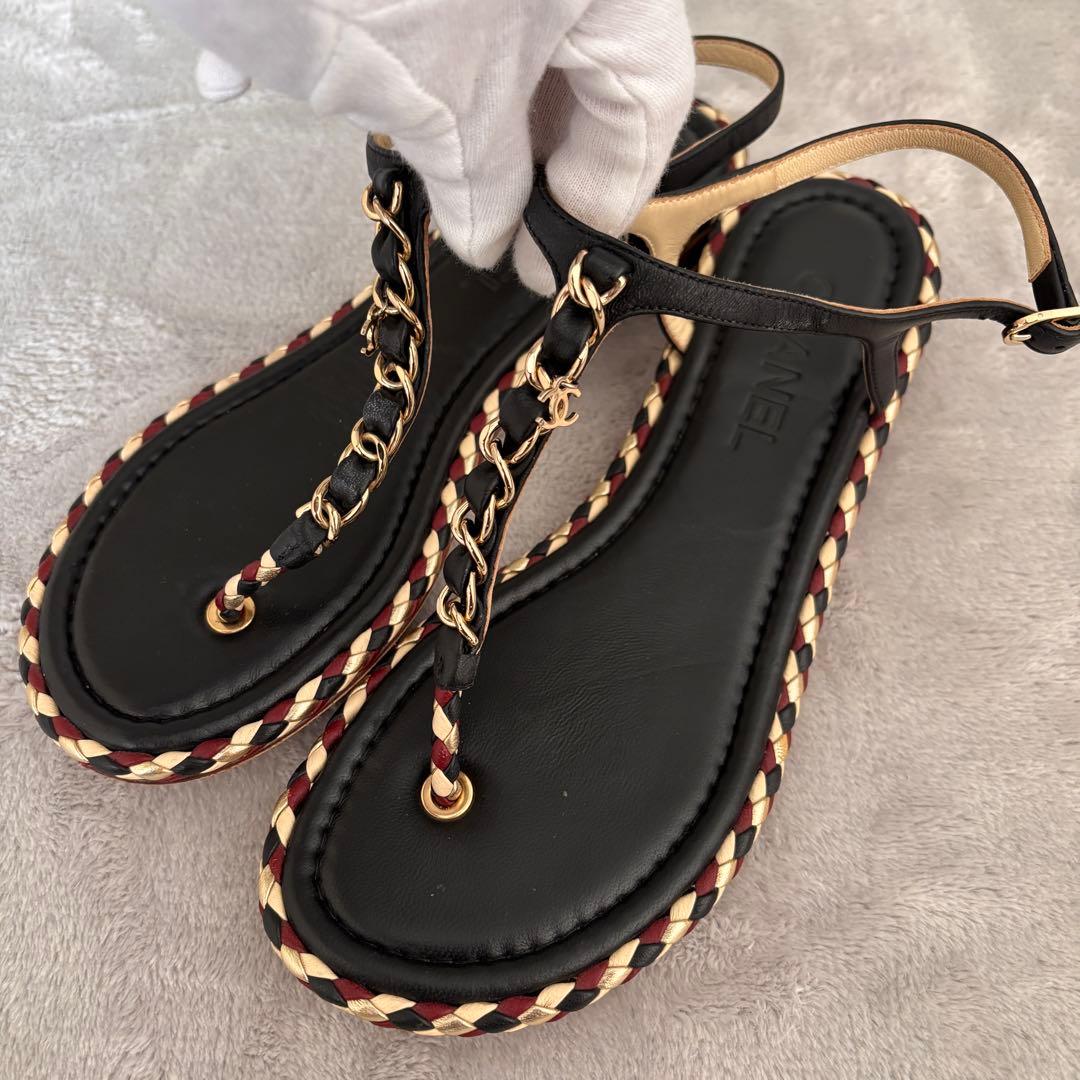 CHANEL ココマーク チェーン編み込みトングサンダル 38