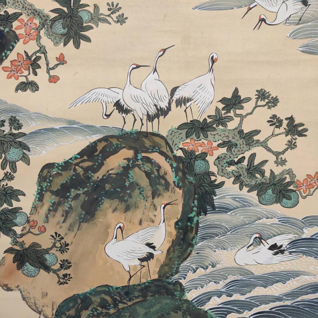 真作/渓山/千羽鶴図/花鳥/桐共箱付/布袋屋掛軸A-517