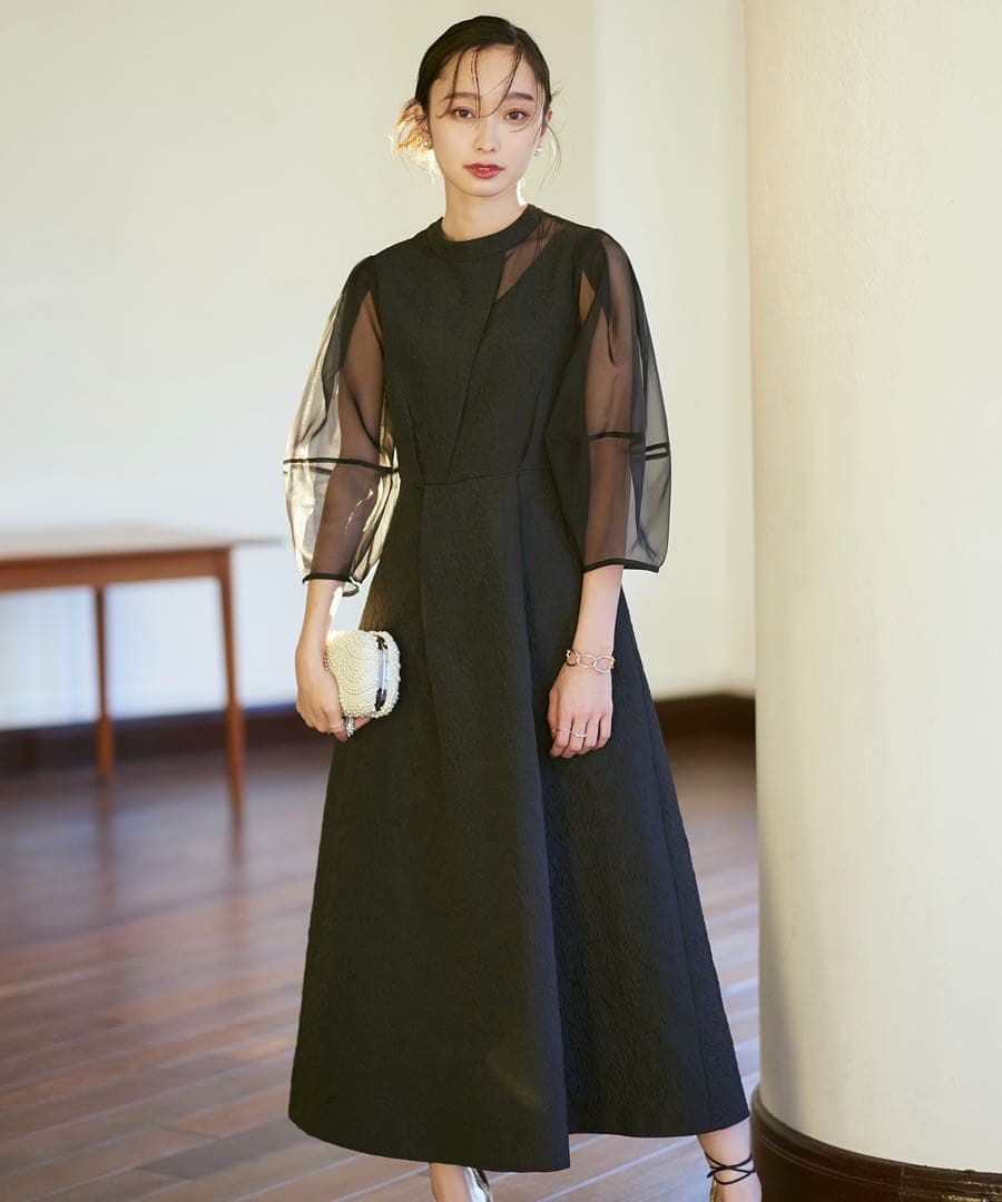 RUIRUE BOUTIQUE シアーランタンスリーブふくれジャガードドレス