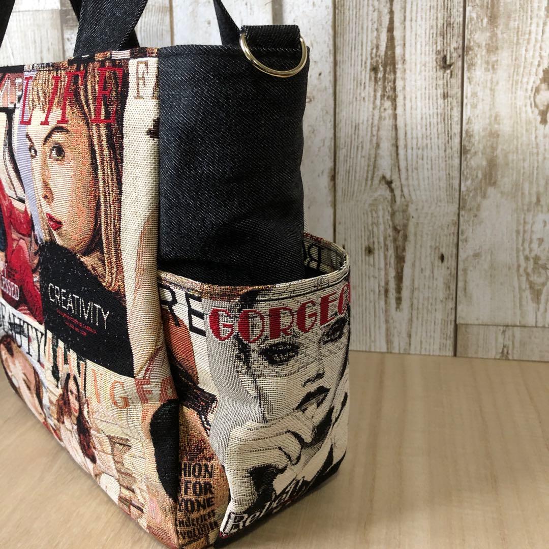 ACHACO　トートバッグ　ハンドメイド　ブラック　ゴールド【新品デニム】