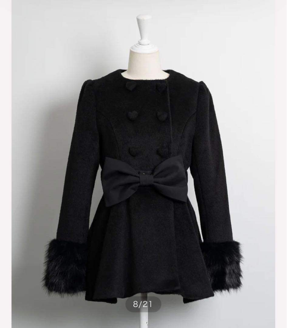 pium ハートボタンリボンベルトシャギーコート