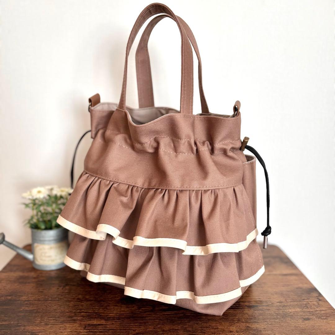 【えり】ダブルフリル巾着ショルダーバッグ　帆布　ココア×エレガントフラワー