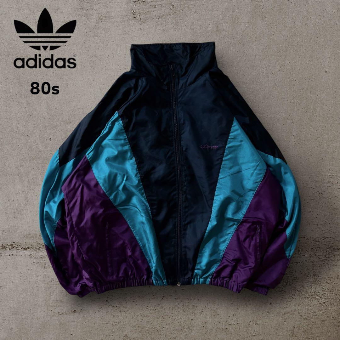 希少80s adidasナイロンジャケットトレフォイル刺繍ロゴレトロY2K古着M