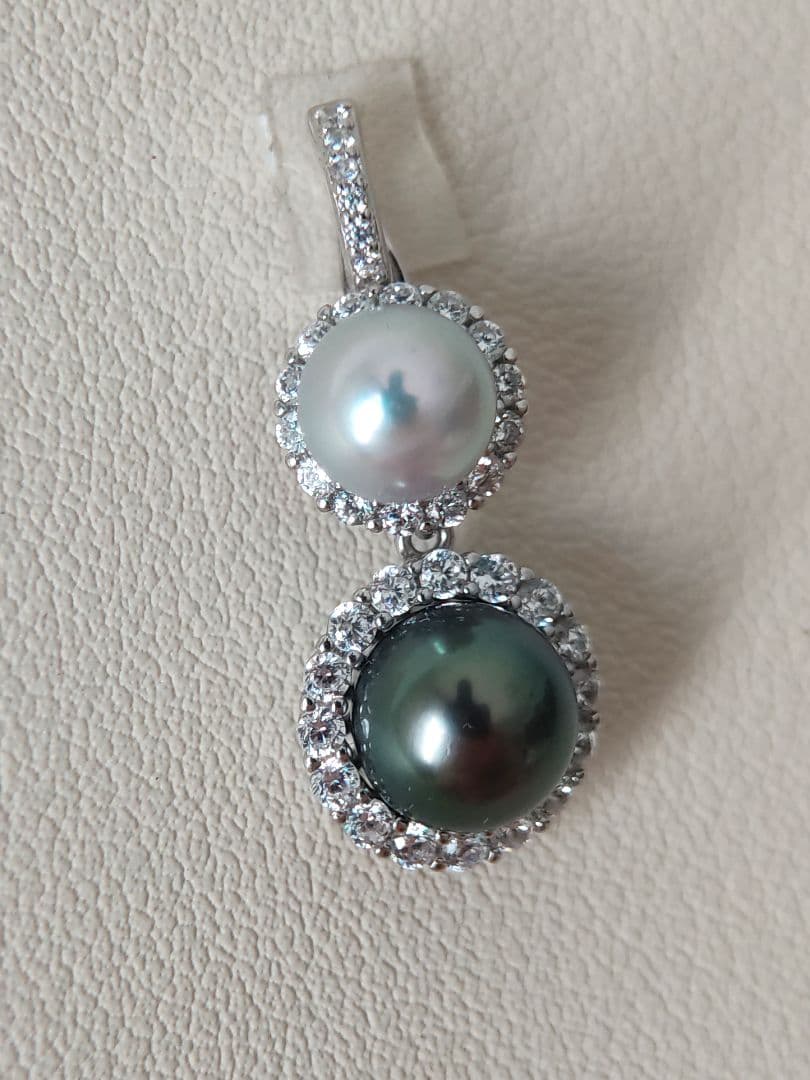 本真珠　南洋黒蝶真珠　タヒチパールダークグリーン　S925ダブルパールペンダント