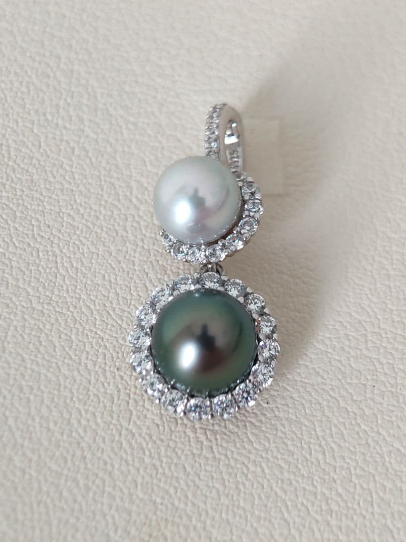 本真珠　南洋黒蝶真珠　タヒチパールダークグリーン　S925ダブルパールペンダント
