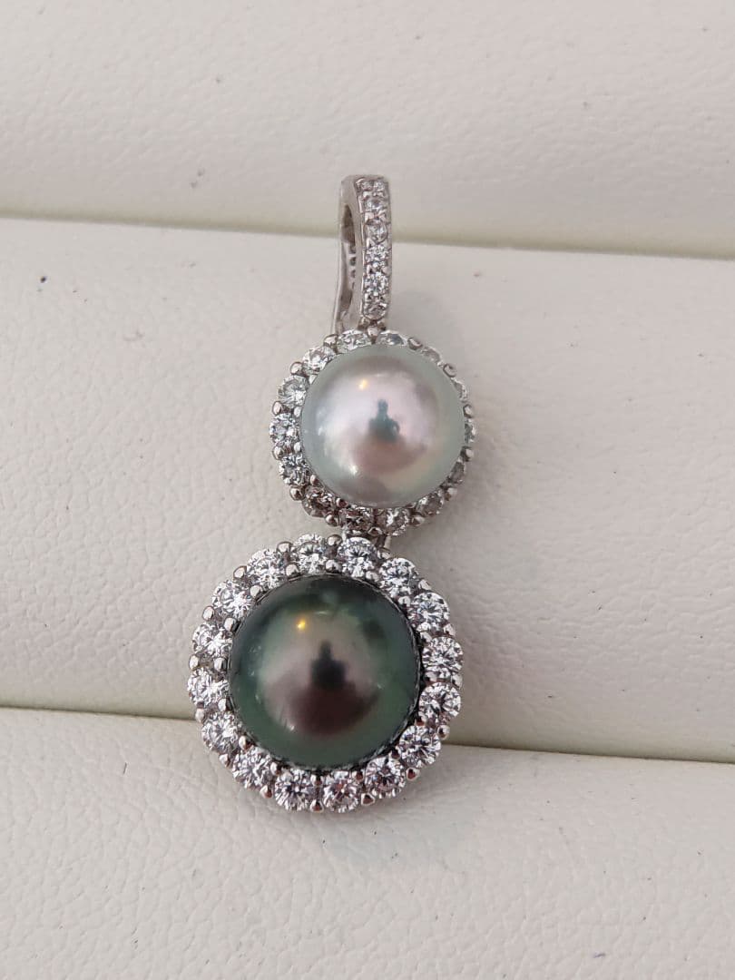 本真珠　南洋黒蝶真珠　タヒチパールダークグリーン　S925ダブルパールペンダント