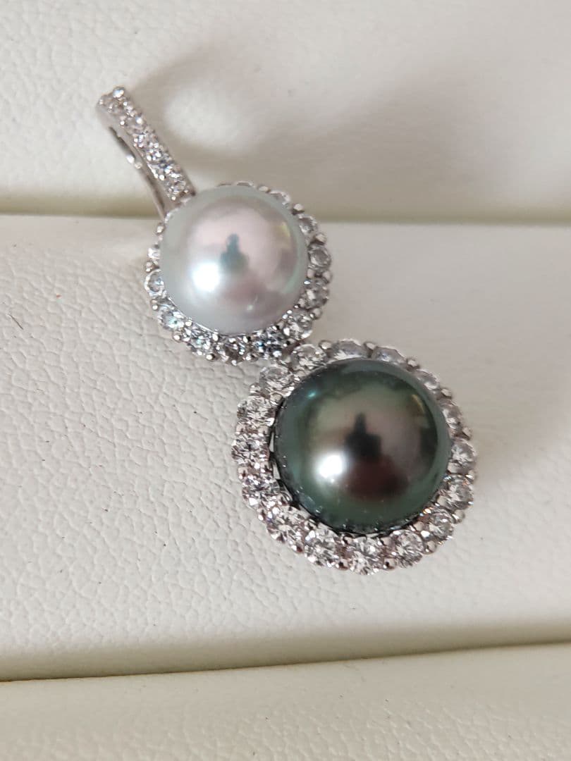 本真珠　南洋黒蝶真珠　タヒチパールダークグリーン　S925ダブルパールペンダント