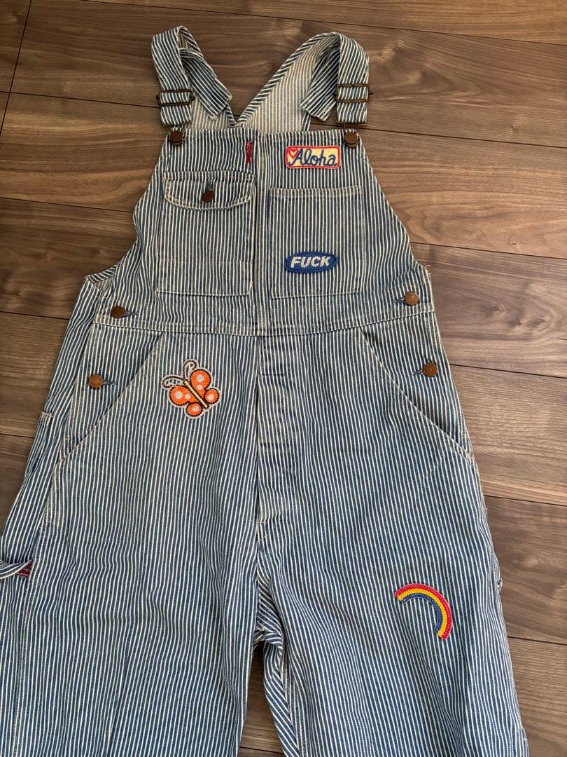 ビンテージヒステリックグラマーヒッコリーオーバーオール刺繍ワッペンストライプ