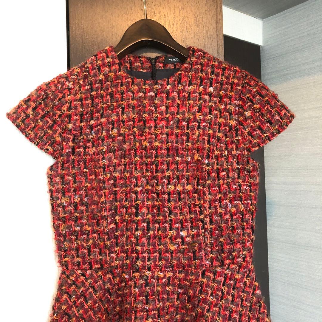 lemonsan 　YOKO CHAN♡36♡赤系ツイードひざ丈ワンピース