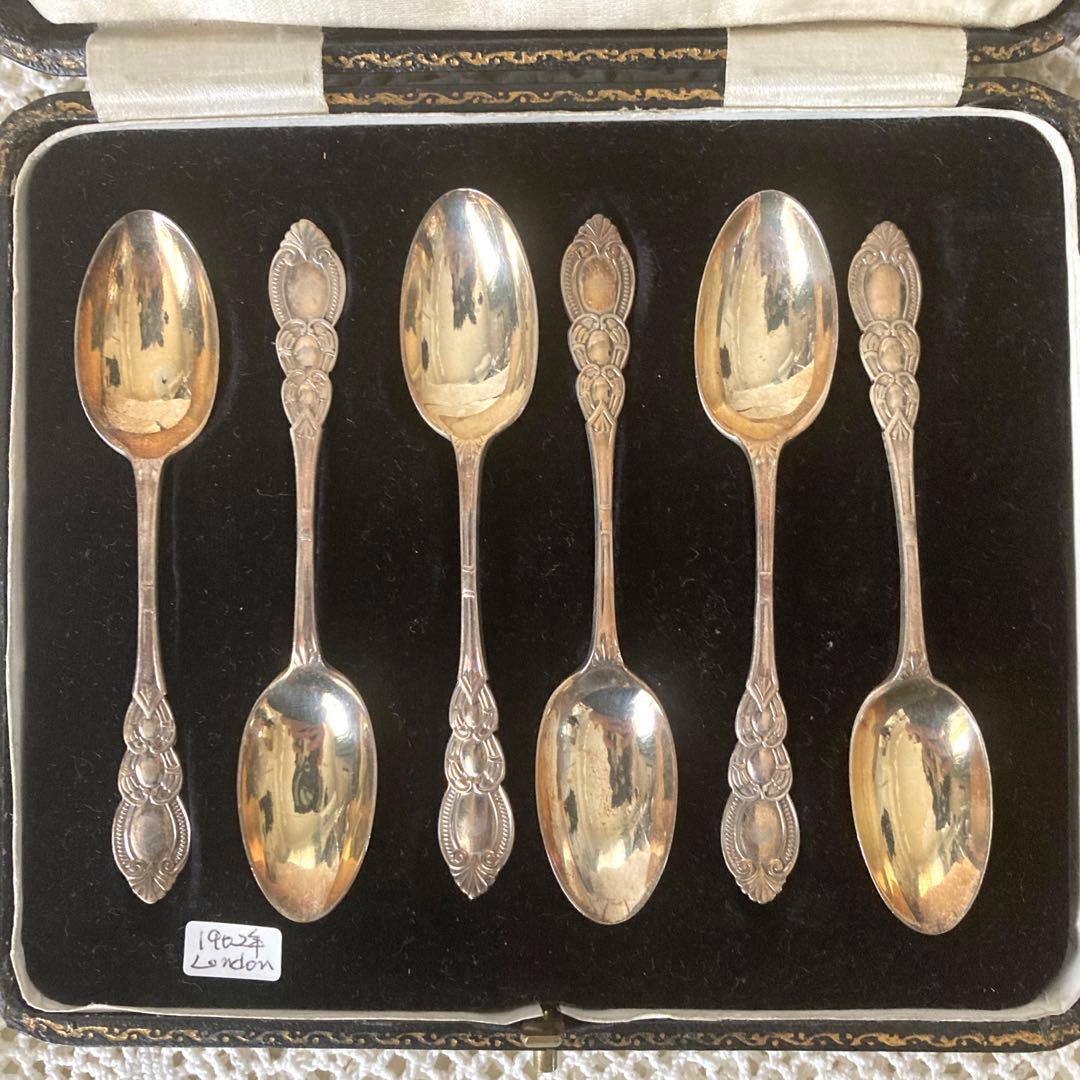 イギリス アンティーク 1902年製 純銀製スプーンセット 6本