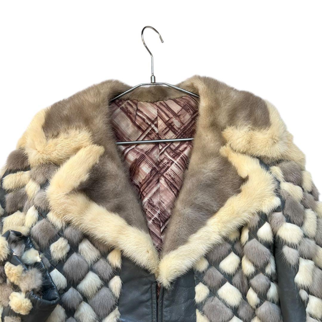 着丈80cm 希少デザイン パールミンク 染め レザーコート Aライン 裏地総柄