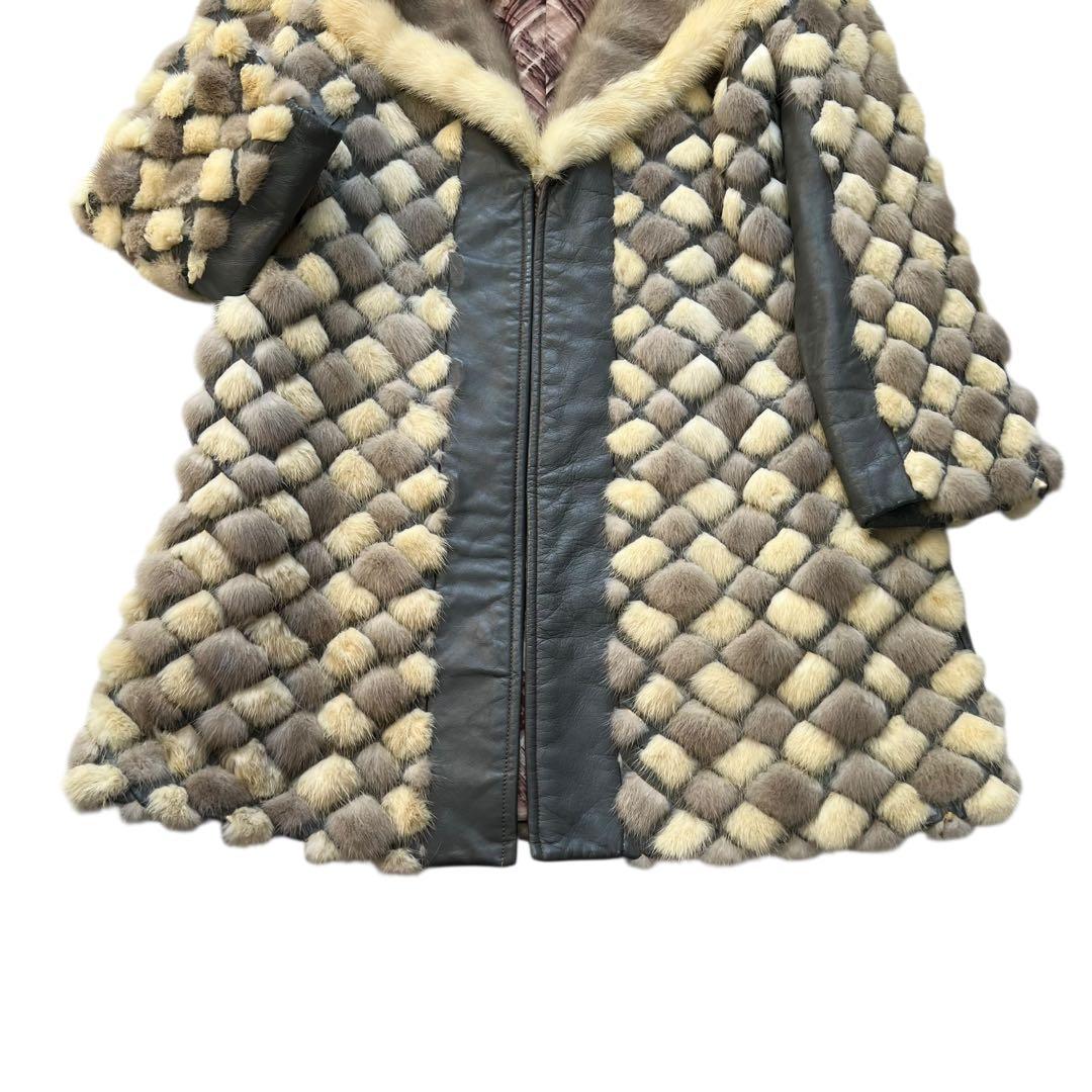 着丈80cm 希少デザイン パールミンク 染め レザーコート Aライン 裏地総柄