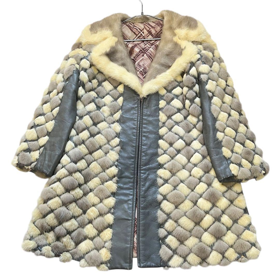 着丈80cm 希少デザイン パールミンク 染め レザーコート Aライン 裏地総柄