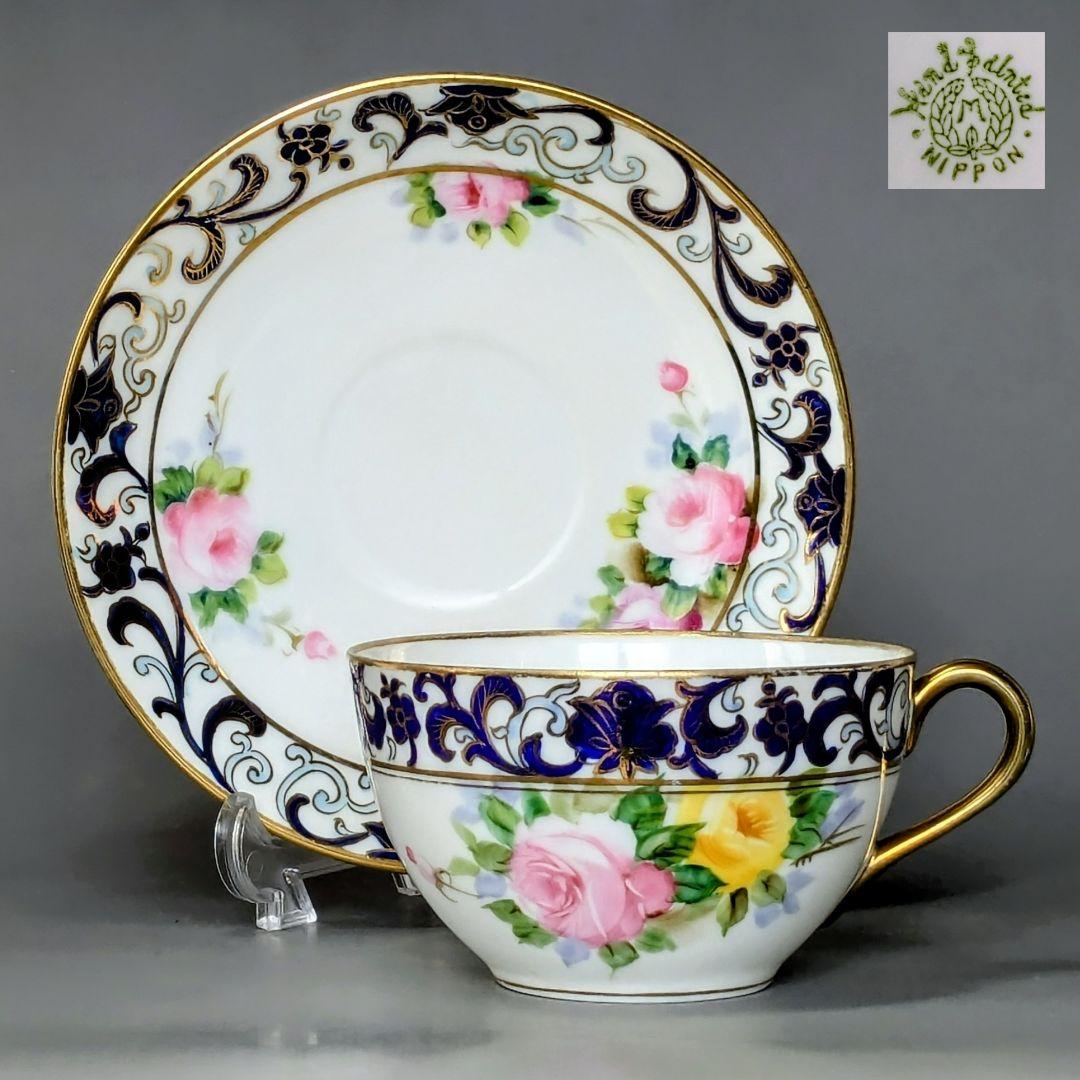 オールドノリタケ銘品!! 金彩藍帯薔薇図紋　キャビネットカップ＆ソーサー