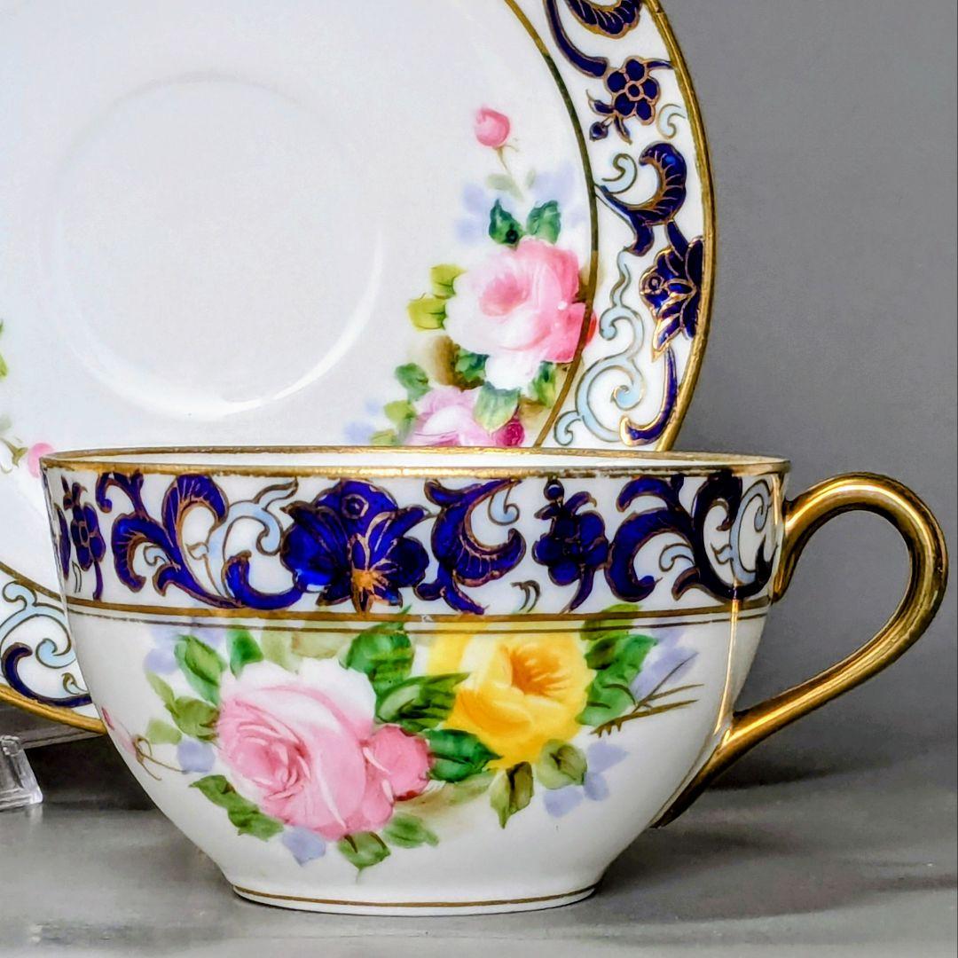 オールドノリタケ銘品!! 金彩藍帯薔薇図紋　キャビネットカップ＆ソーサー