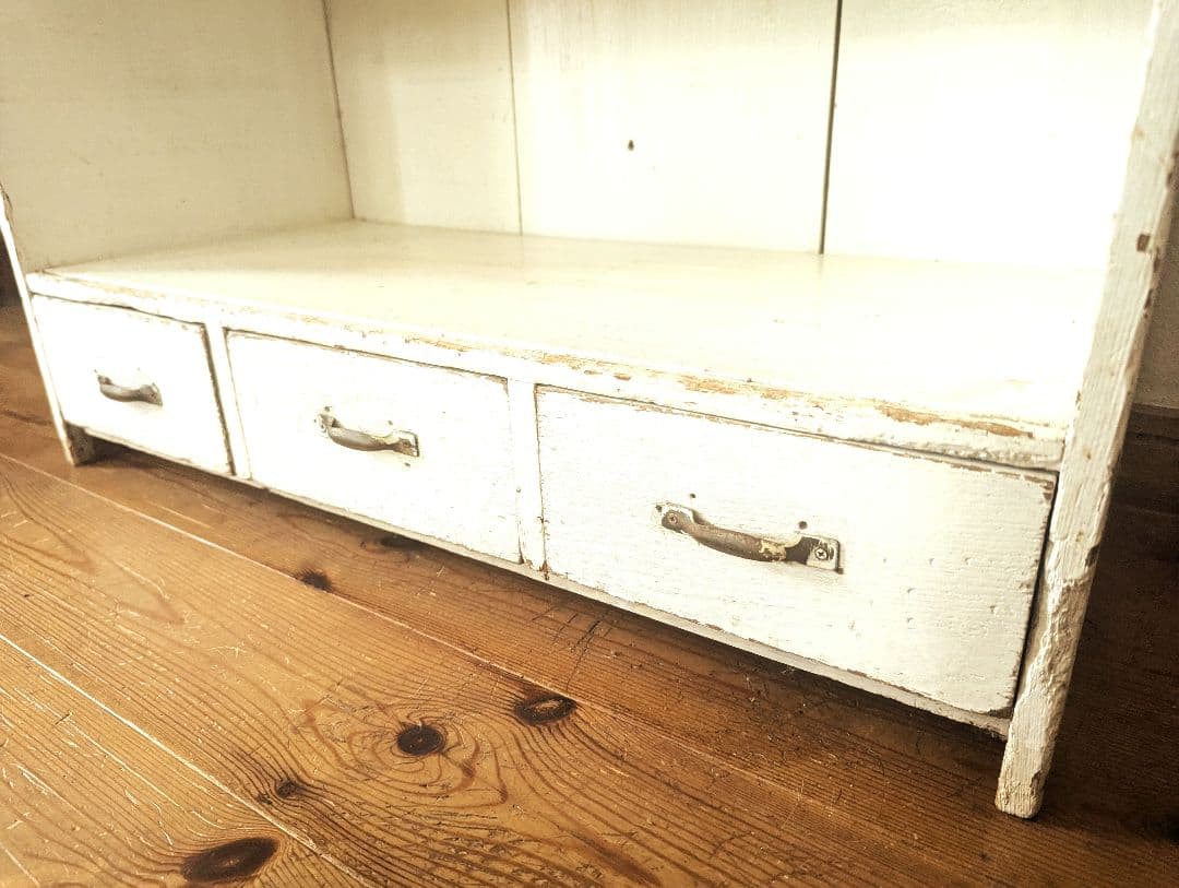 アンティーク　古道具　ホワイト木製3段シェルフ 引き出し付き