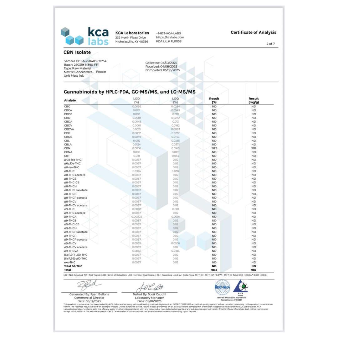 高純度CBN アイソレートパウダー 10g 98% CBD CBG