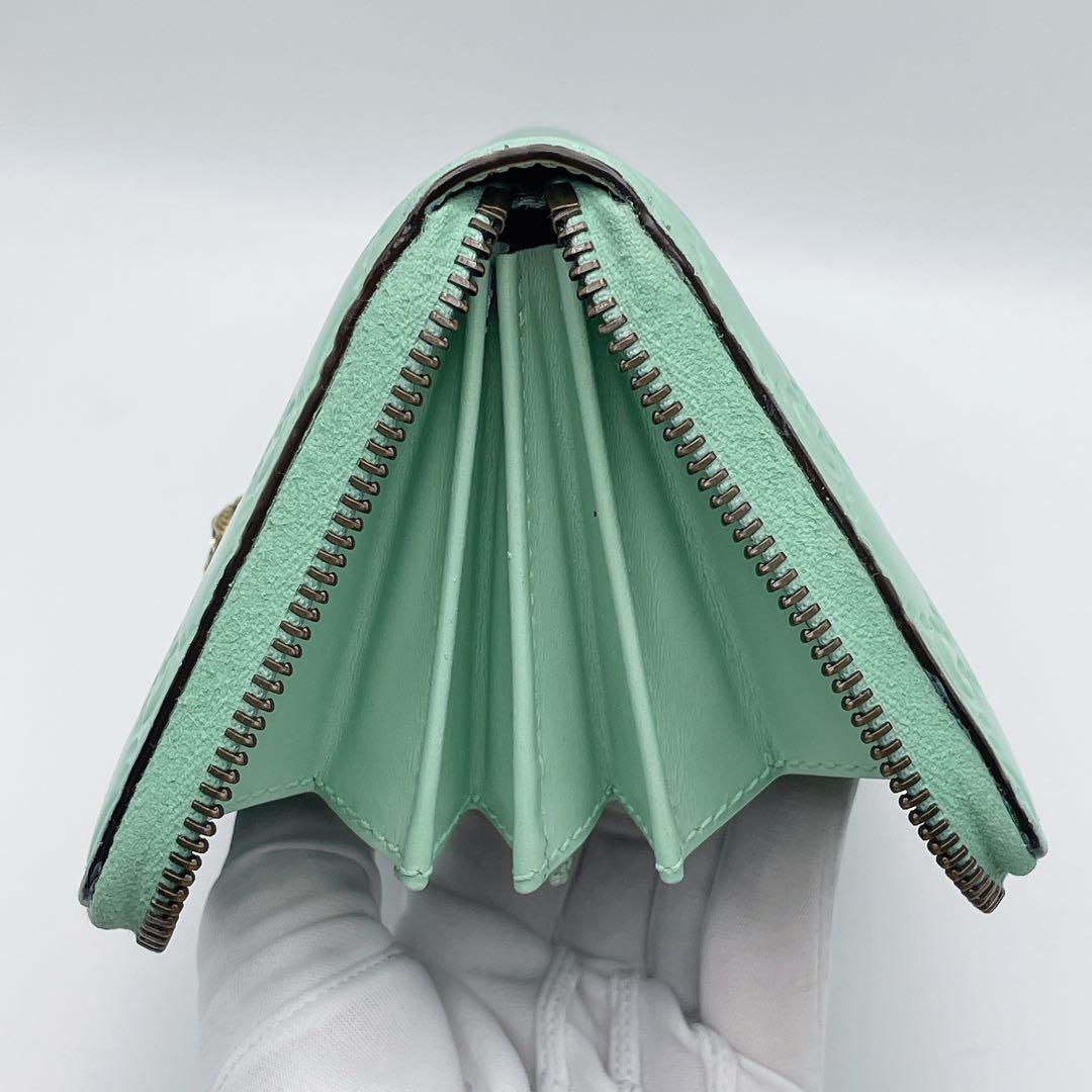 日本限定カラー グッチ リネアキャット シマ 長財布 ミント ラウンドファスナー