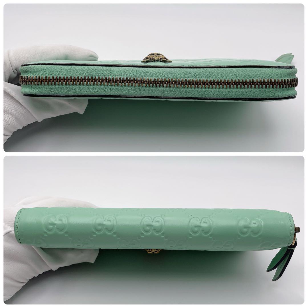 日本限定カラー グッチ リネアキャット シマ 長財布 ミント ラウンドファスナー