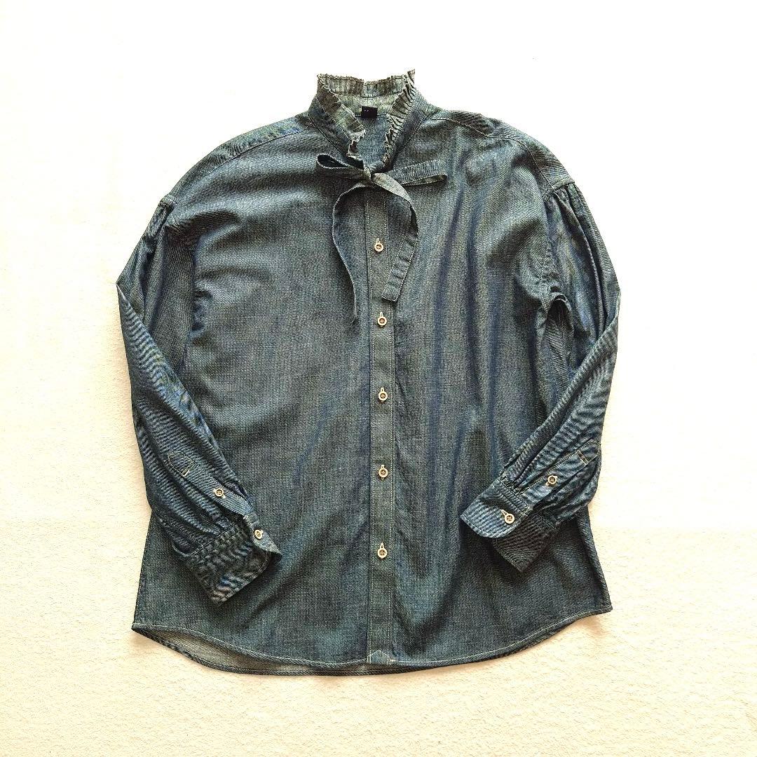試着のみ　45R瑠璃ダンガリーデニムのボウタイクッペシャツ（加工） 45rpm