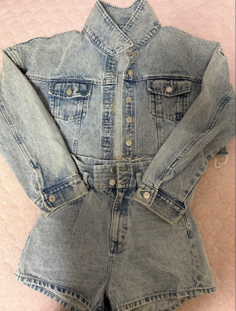 ドロップショルダーショートGジャン ハイウエストデニムショートパンツ ダーリッチ