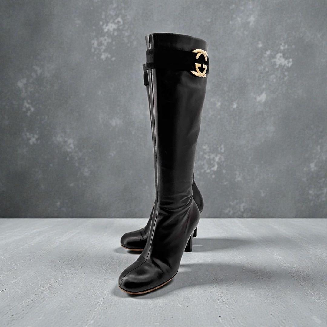 GUCCI グッチ レザーロングブーツ インターロッキング GGマーク 22.5