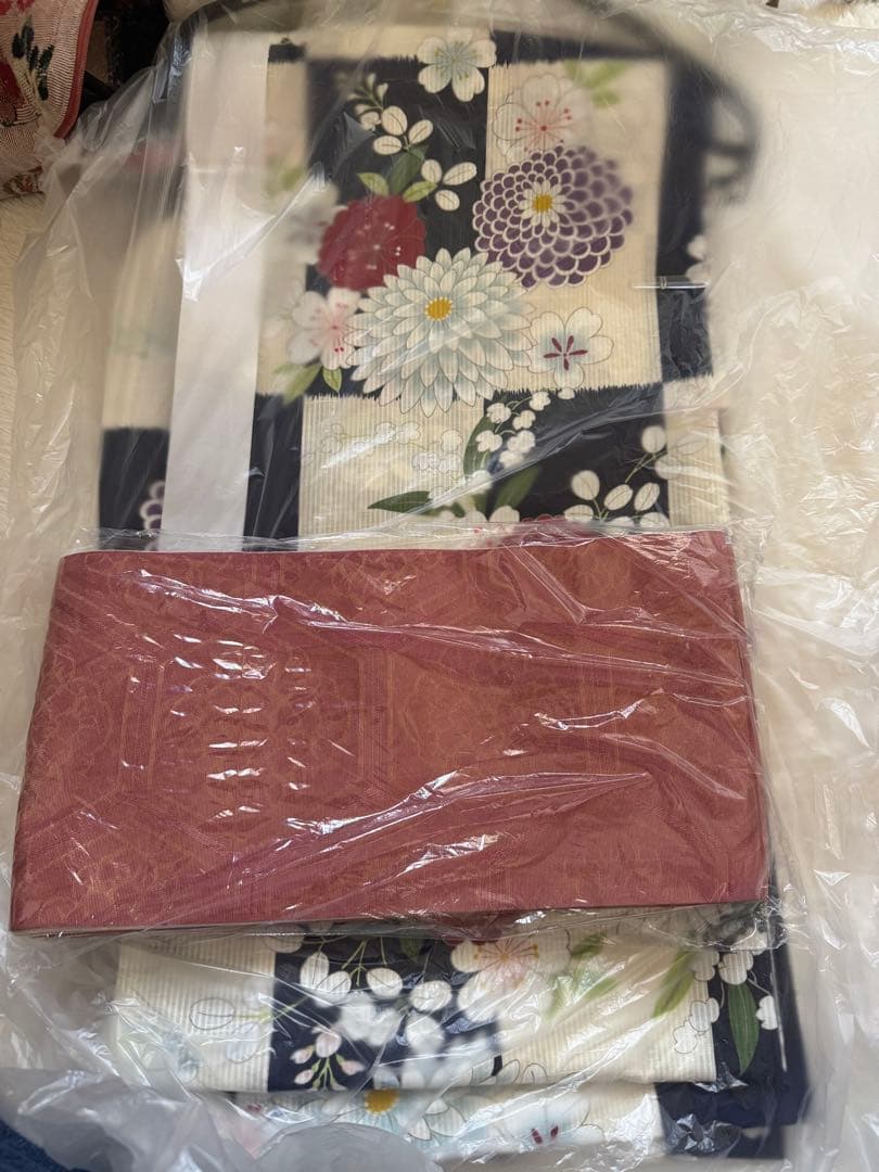 【最終値下げ】ふりふ　浴衣　「市松に菊花」　ロイヤルブルー　帯セット