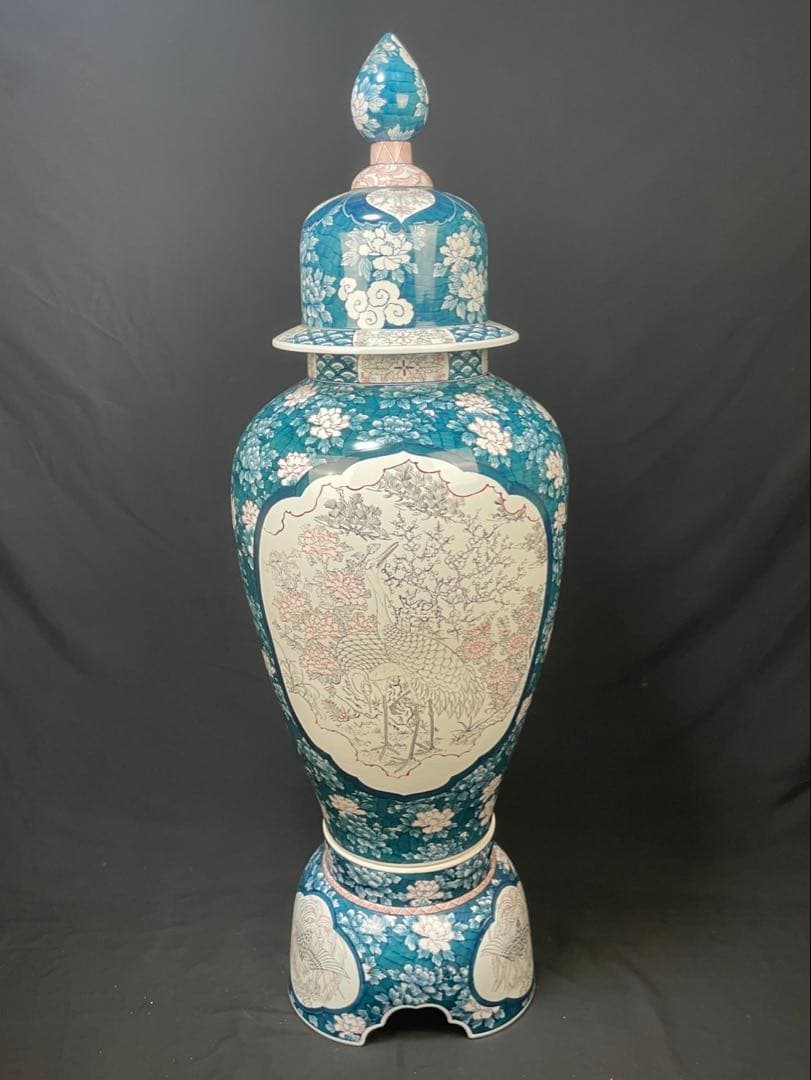 有田焼 特大 染付 牡丹孔雀図 花鳥絵 飾壷 光右衛門作 沈香壺 三段壷 置物