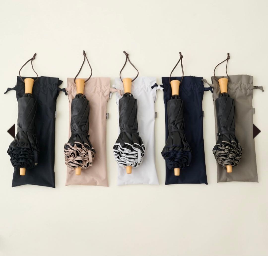 サンバリア100 2段折フリルブラック木ストレート手元完全遮光日傘二段折黒