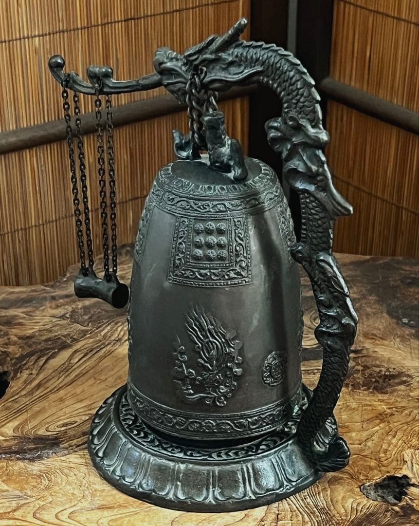 仏教美術 古銅製 釣鐘 龍台座 鳴物