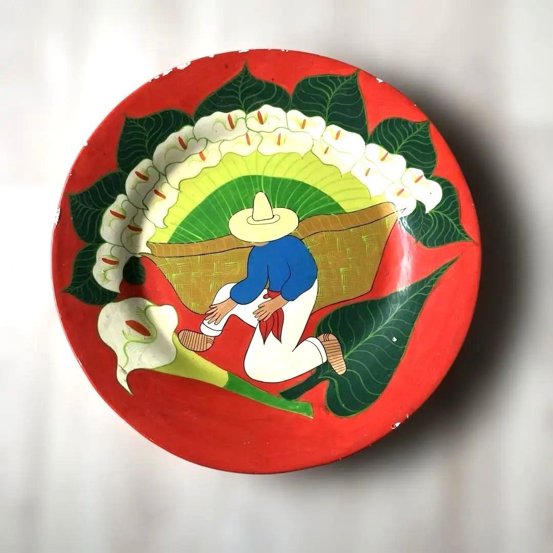 【匿名配送ヴィンテージ 】メキシコ絵皿大 植物カラーのお花イラストの赤い陶器皿