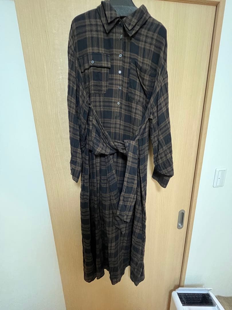 ワンピース sidedrawstringdoublecollarcheckshirtOP