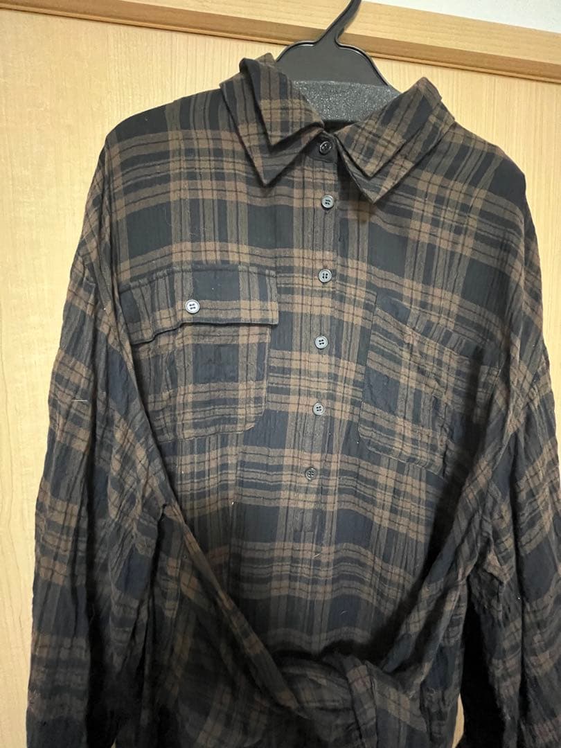 ワンピース sidedrawstringdoublecollarcheckshirtOP