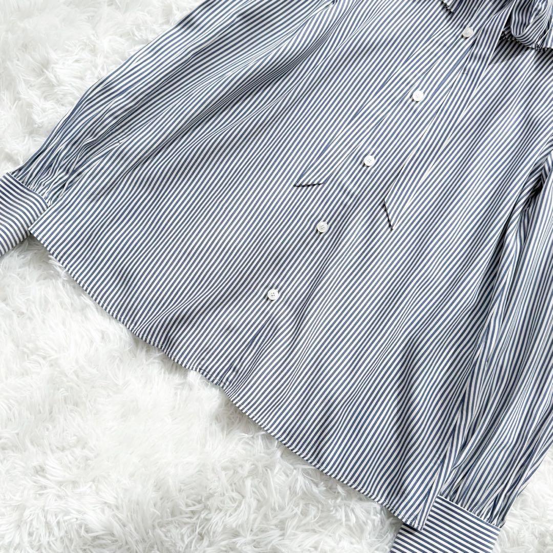 CELINE エディ期 ボウタイ付フリルカラーブラウス シルク ストライプ 34