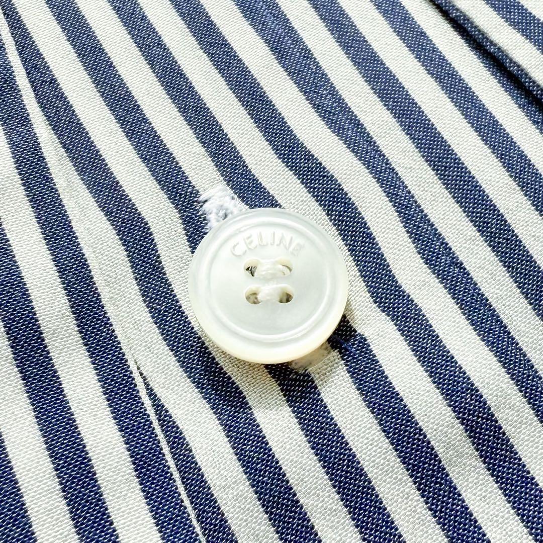 CELINE エディ期 ボウタイ付フリルカラーブラウス シルク ストライプ 34