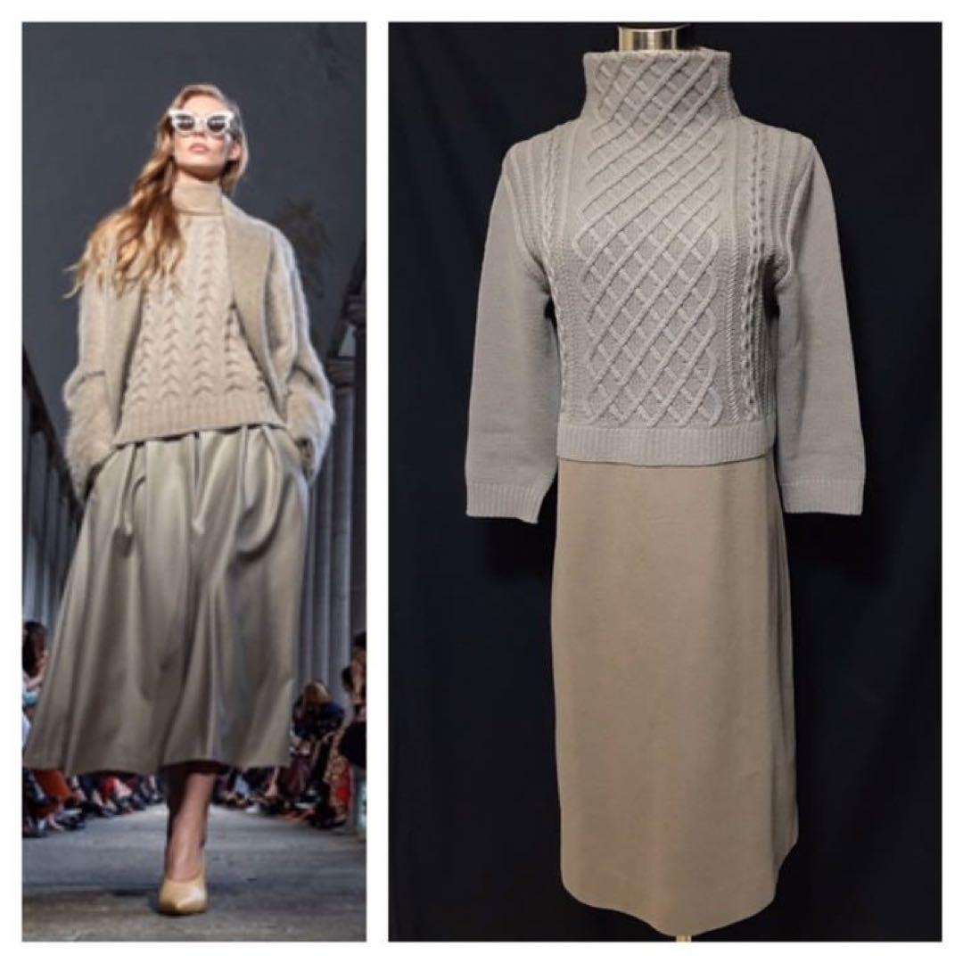 本物 最高級ライン 白タグマックスマーラ ケーブルニット切替 ワンピース