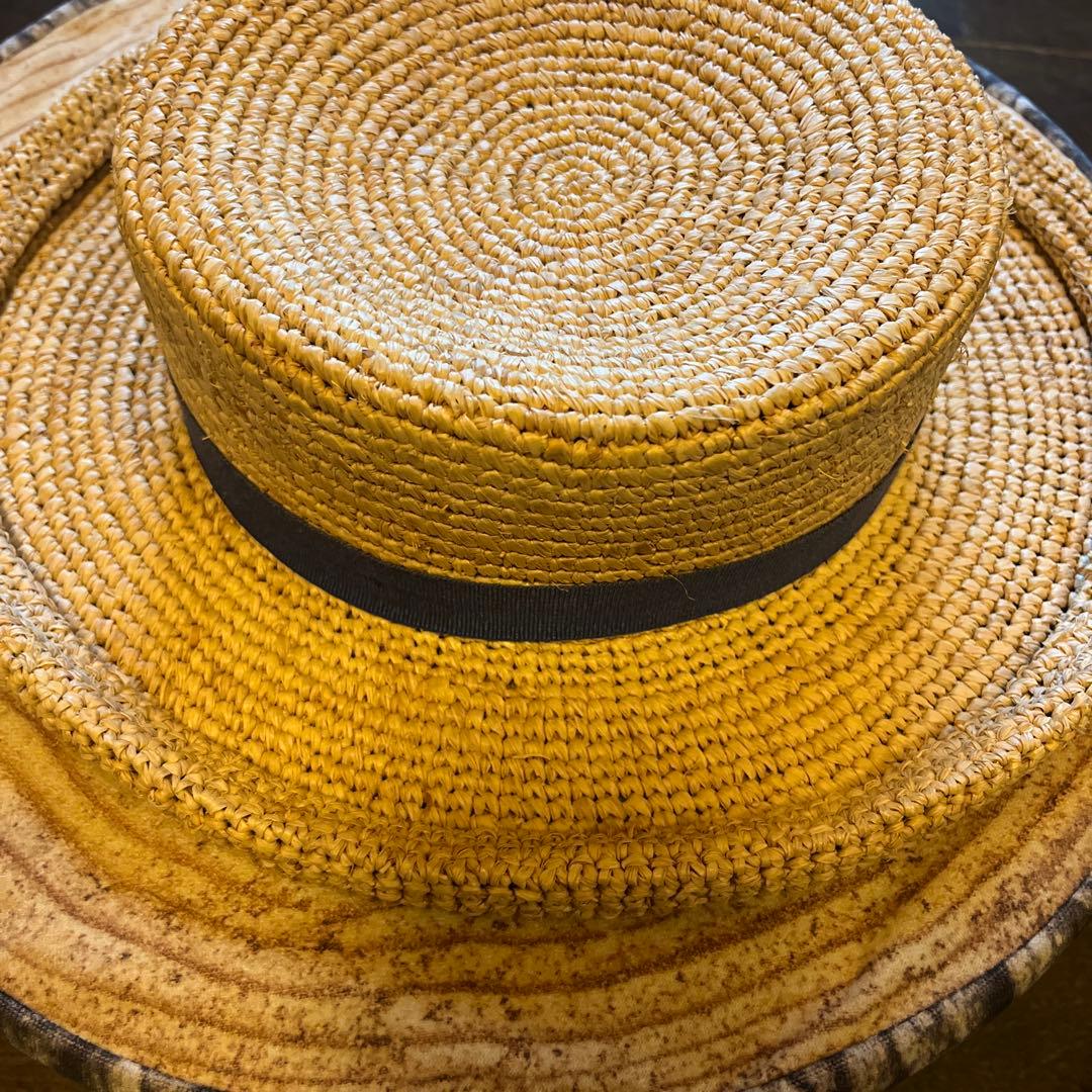 メゾンドソイル ラフィア帽子 ダークブルーリボン付き