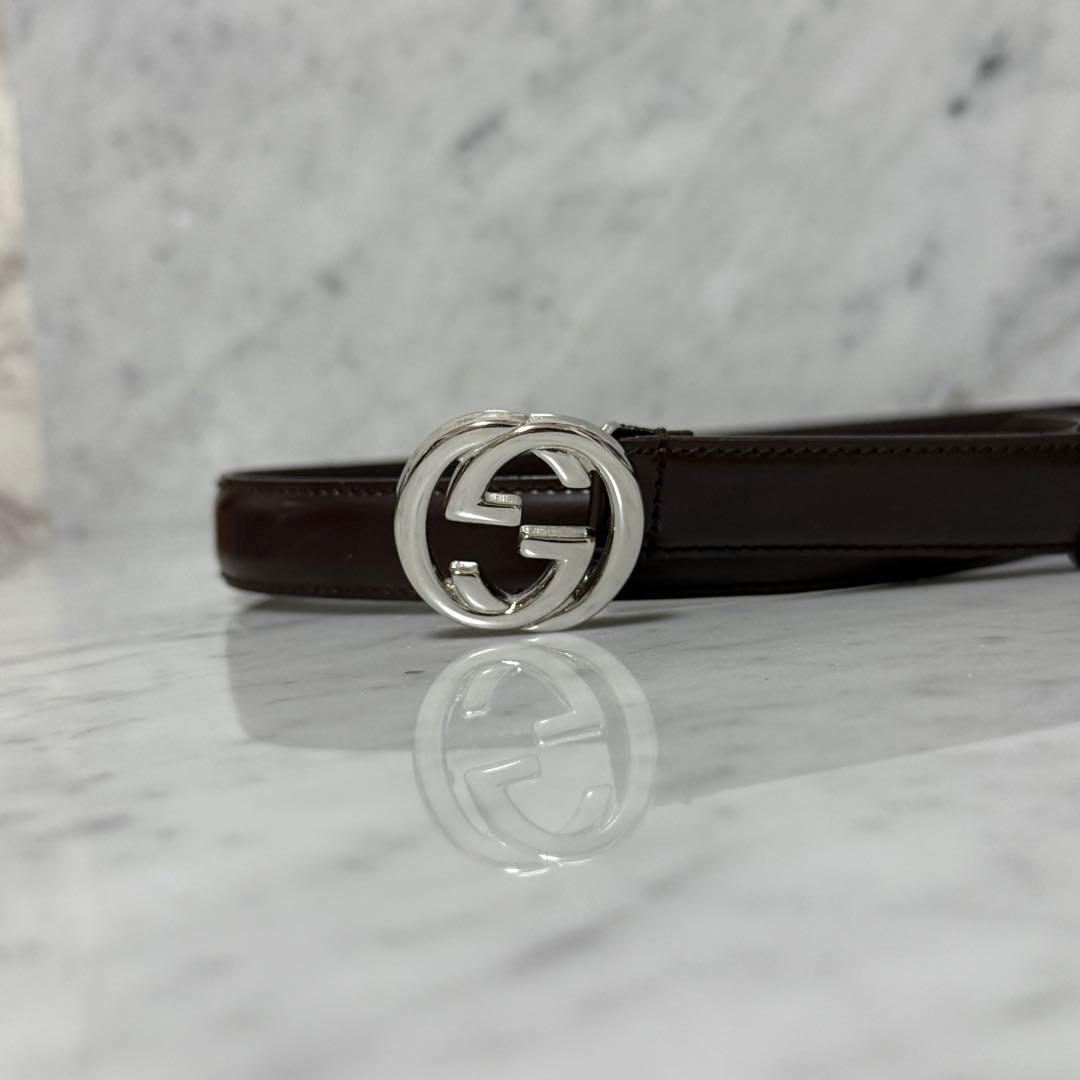 GUCCI グッチ ベルト 細ベルト 本革 レザー ブラウン GG 銀 シルバー
