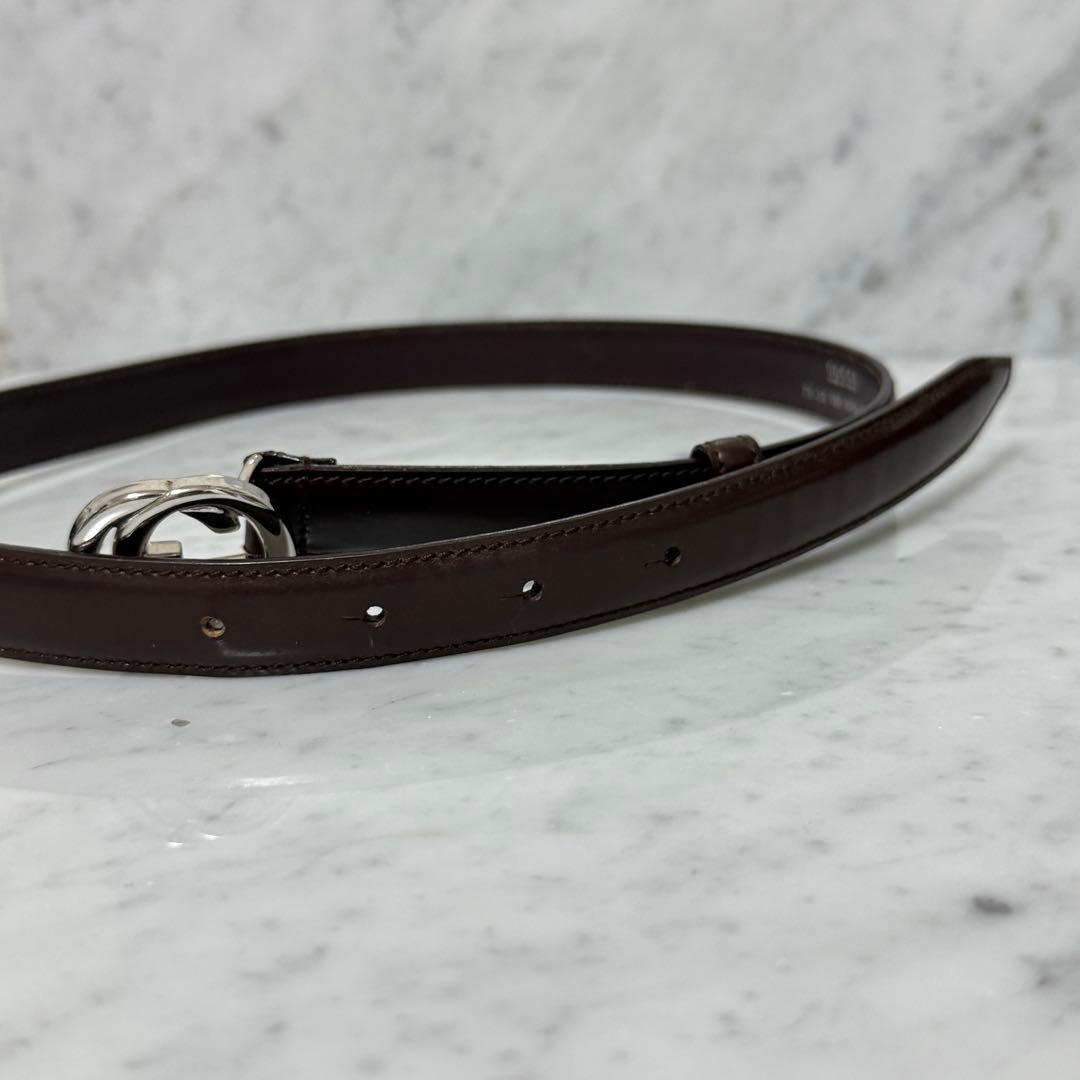 GUCCI グッチ ベルト 細ベルト 本革 レザー ブラウン GG 銀 シルバー