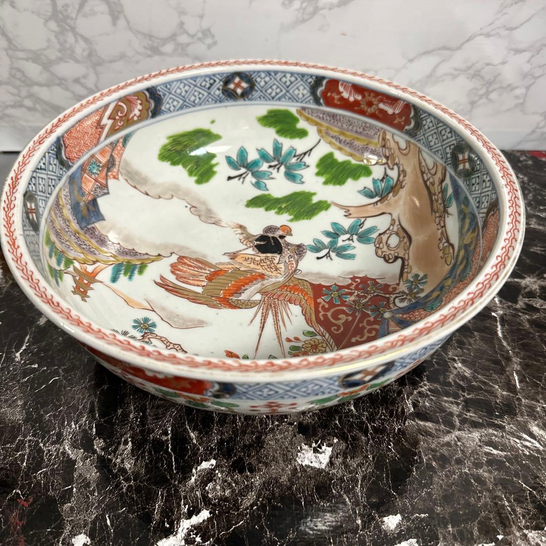 古伊万里、染錦、花鳥図、赤玉、中鉢。