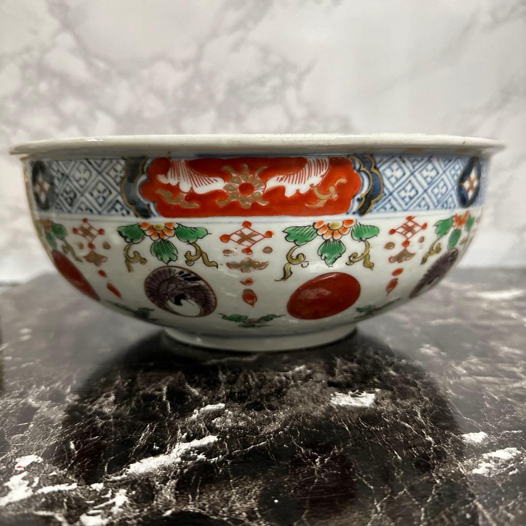 古伊万里、染錦、花鳥図、赤玉、中鉢。