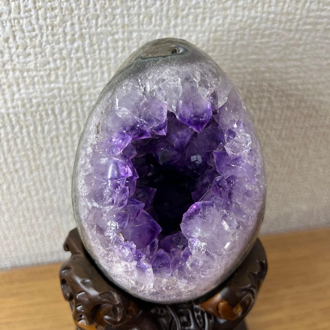 ★高品質★アメジストドーム　紫水晶★卵型置物 木製台座付き
