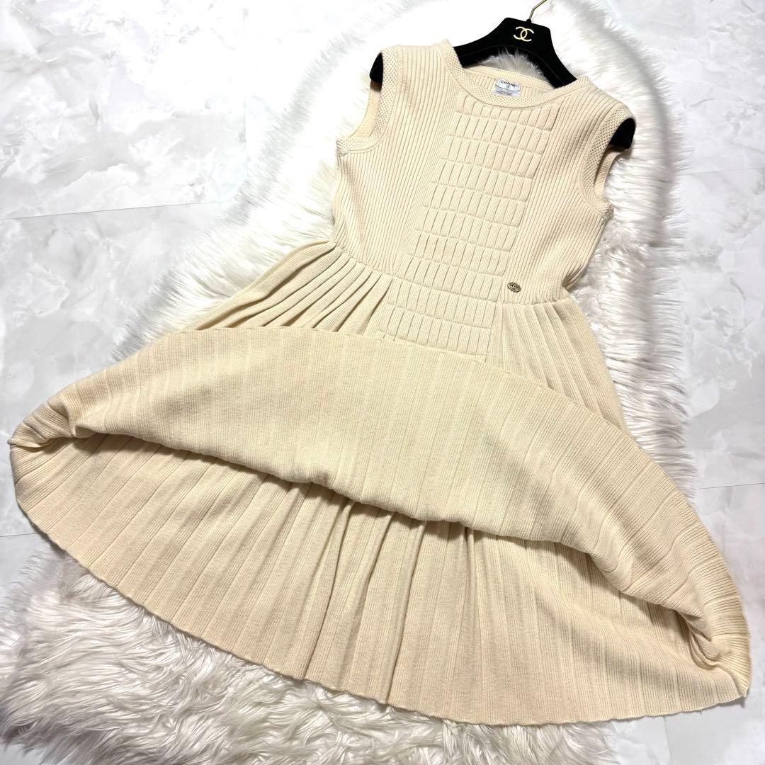 本物 美品 シャネル COCO装飾 ブロックデザイン プリーツ ワンピース 42