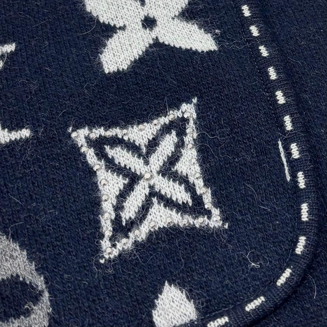 【大きいサイズ カシミヤ混】伊太利屋 モノグラム チュニック ラインストーン 紺