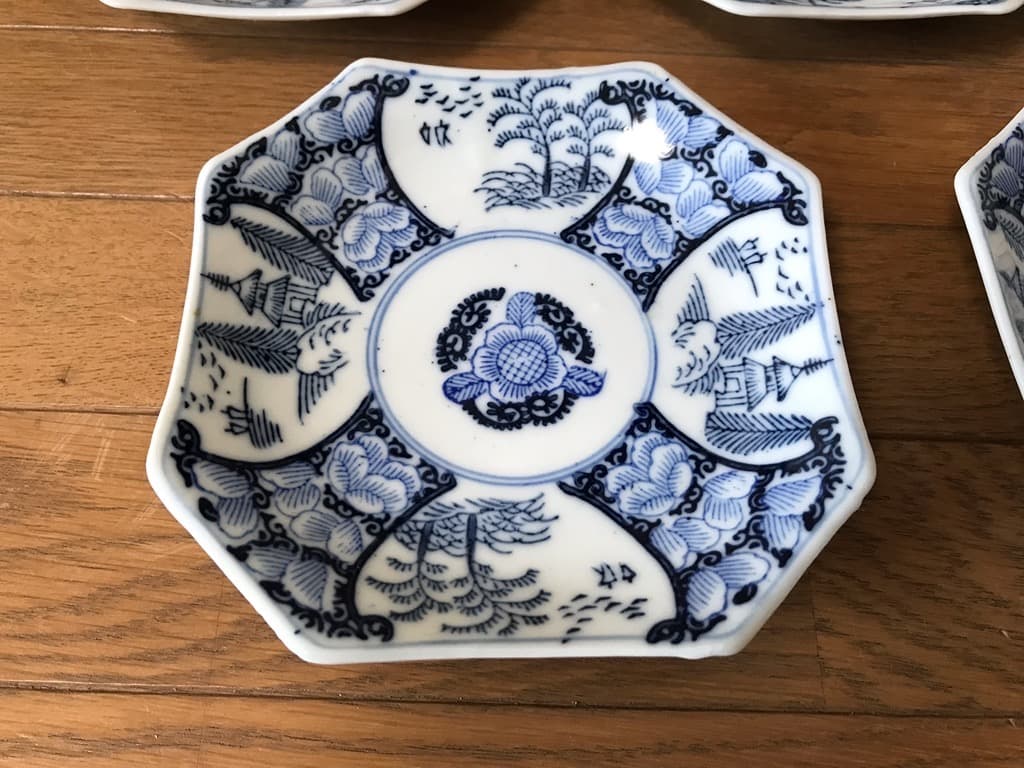 【アンティーク・江戸末期〜明治】古伊万里 染付 八角皿 14cm 5枚 小皿取皿