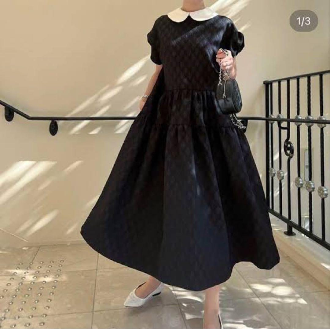 極美品 アンミヌ ミニラウンド ジャガード ドレス ティアード ワンピース F